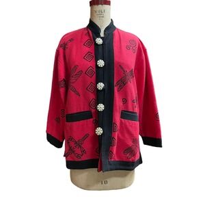 Venus Imports Womens Jacket Red Black Dragonfly Vintage Oriental Button Front S